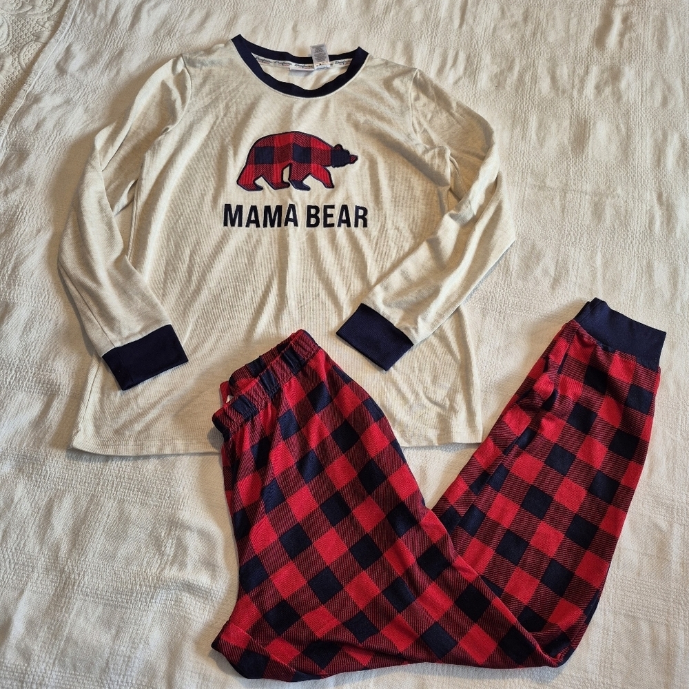 Dearfoams women's size small 4/6 Mama Bear pajama set, buffalo plaid VGUC